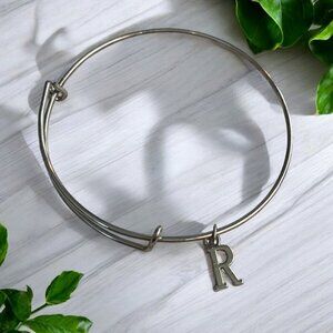 Silver Tone Initial R Adjustable Charm Bangle OS